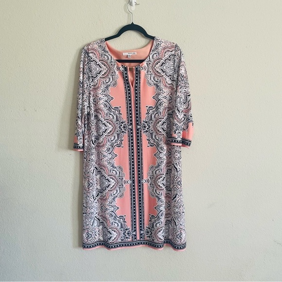 Studio One Pink and Black Patterned Dress size PXL salmon elegant midi stretchy - Picture 1 of 9